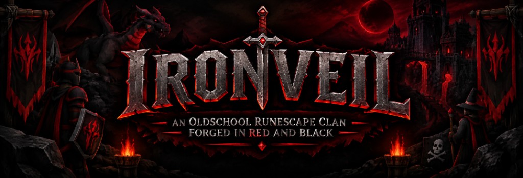 Ironveil — an Old School RuneScape clan forged in red and black. A knight, wizard, dragon, and blood moon under the Ironveil crest.